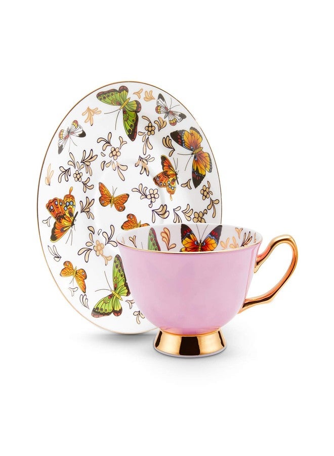 LURRIER Coffee Cup Mug with Saucer for Latte, Cappuccino Tea with Butterflies 6.8 Oz Fine Bone China, Dishwasher Safe, Reactive Glaze, 1 Pcs (Pink) - Image 4